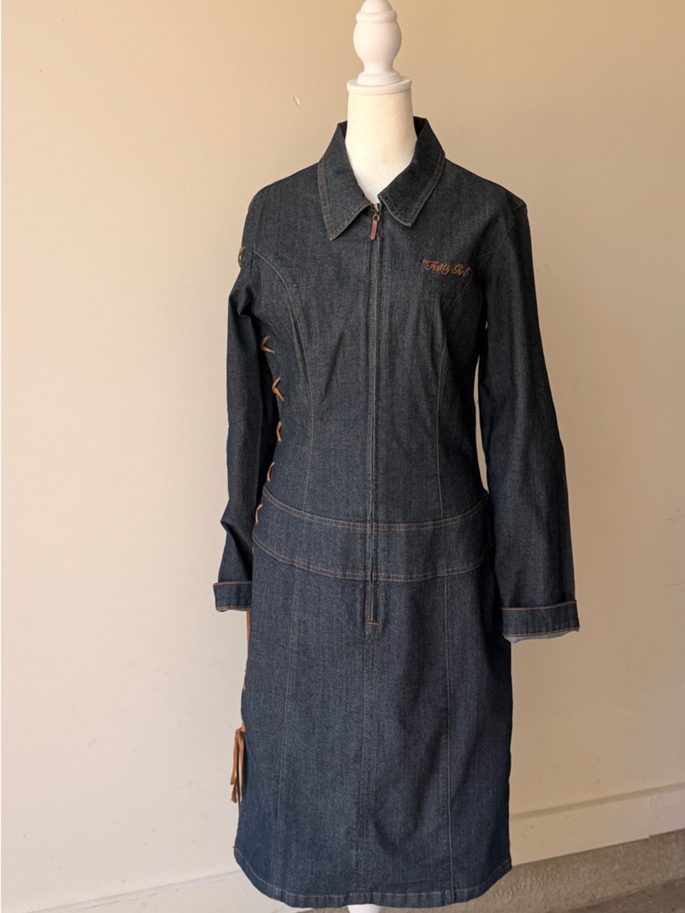 Vintage FUBU Dark Denim Dress with Tan Topstitching